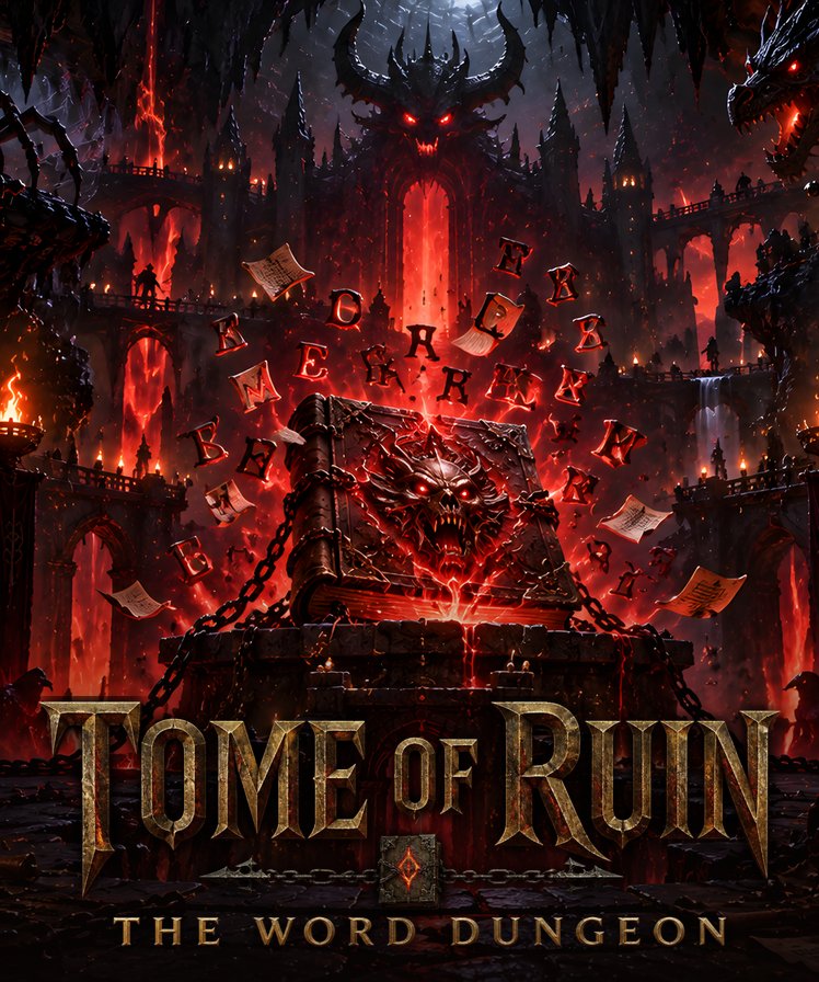 Tome of Ruin cover art: a chained book of evil surrounded by floating letters